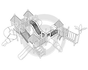 Outline of a playground with slides from black lines isolated on a white background. 3D. Vector illustration