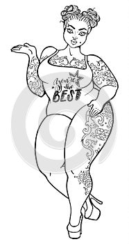 Outline plus size woman illustration. Vector body positive model silhouette photo