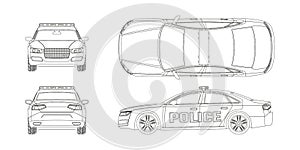 Outline police car blueprint. Front, side, back and side views. Patrol automobile drawing. Isolated image. City guard