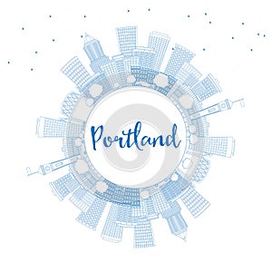 Outline Portland Skyline with Blue Buildings and Copy Space.