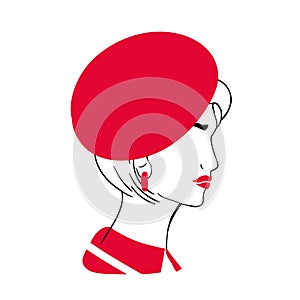 Outline portrait of beautiful stylish young lady. Sketch drawing of fashionable woman with bob haircut, red lips