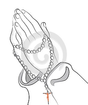 Outline of praying hands with holy rosary beads with Jesus Christ on the cross hanging.