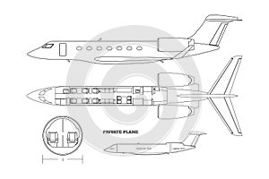 Outline private airplane bluteprint. Side and top view of business plane. Plane seats map. Drawing of aircraft interior
