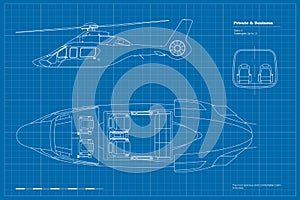 Outline private helicopter interior. Cockpit blueprint. Top, side view of business vehicle. Cabin drawing