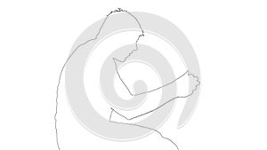 Outline profile white sketch of young gamer in big headphones is sitting on a couch, playing in video games on black