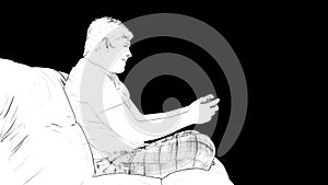 Outline profile white sketch of young gamer is sitting on a couch, playing in video games on black background.