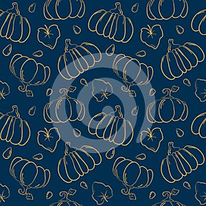 Outline pumpkin vector seamless pattern. Orange squash on white background. Elegant dark print with pumpkin photo