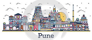 Outline Pune India City Skyline with Colored Buildings Isolated on White