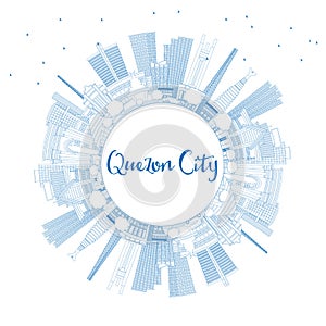 Outline Quezon City Philippines Skyline with Blue Buildings and