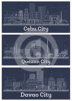 Outline Quezon, Davao and Cebu City Philippines City Skyline Set