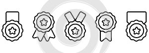 Outline Rewards for Sport Champion. Black Line Medals with Ribbon and Stars Set. Round Outline Award Collection for