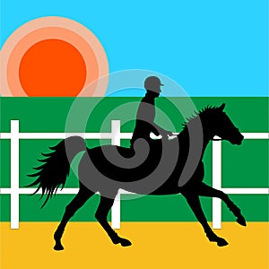 Rider horseback in the riding hall under the rising sun