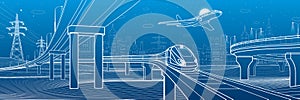 Outline road bridge. Car overpass. Train rides. Airplane fly. City Infrastructure and transport illustration. Urban scene. Vector