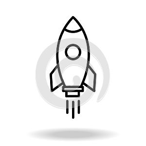 Outline rocket ship with fire. Isolated on white. Flat line icon. Vector illustration with flying rocket. Space travel. Project st