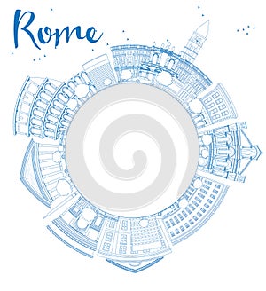 Outline Rome skyline with blue landmarks and copy space