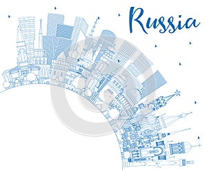 Outline Russia City Skyline with Blue Buildings and Copy Space
