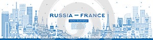 Outline Russia and France skyline with blue buildings. Famous landmarks. Vector illustration. France and Russia concept.
