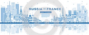 Outline Russia and France skyline with blue buildings and reflections. Famous landmarks. France and Russia concept. Diplomatic