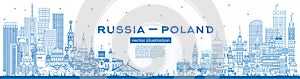 Outline Russia and Poland skyline with blue buildings. Famous landmarks. Poland and Russia concept. Diplomatic relations between