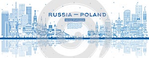 Outline Russia and Poland skyline with blue buildings and reflections. Famous landmarks. Poland and Russia concept. Diplomatic