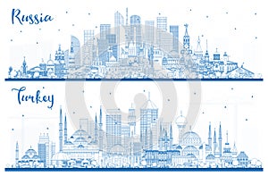 Outline Russia and Turkey City Skylines with Blue Buildings