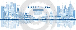 Outline Russia and USA skyline with blue buildings. Famous landmarks. USA and Russia concept. Diplomatic relations between