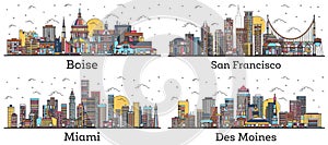 Outline San Francisco California, Miami Florida, Des Moines Iowa and Boise Idaho City Skylines with Color Buildings Isolated on