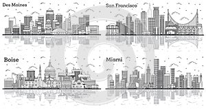 Outline San Francisco California, Miami Florida, Des Moines Iowa and Boise Idaho City Skylines with Modern Buildings and