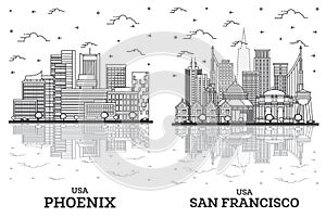 Outline San Francisco California and Phoenix Arizona USA City Skyline Set