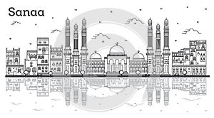Outline Sanaa Yemen City Skyline with Historic Buildings and Reflections Isolated on White
