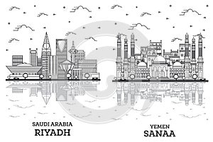 Outline Sanaa Yemen and Riyadh Saudi Arabia City Skyline Set