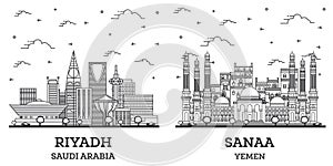 Outline Sanaa Yemen and Riyadh Saudi Arabia City Skyline Set