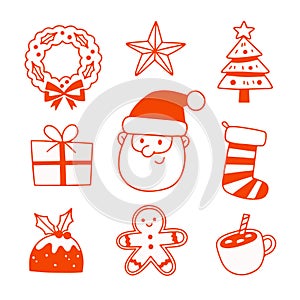 Outline of Santa Clause with seasonal elements on white background.