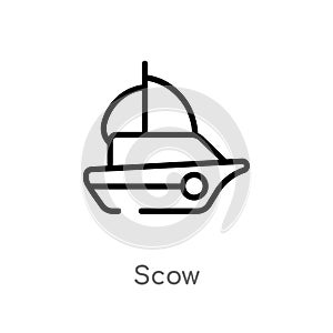 outline scow vector icon. isolated black simple line element illustration from nautical concept. editable vector stroke scow icon