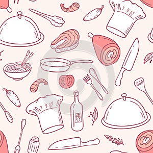 Outline seamless pattern with food elements in vector. Hand drawn illustration