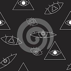 A outline seamless pattern for printing on fabric or textile on the theme of occultism and magic on a black background, a 