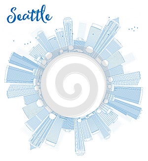 Outline Seattle City Skyline with Blue Buildings