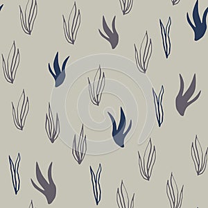 Outline seaweed silhouettes seamless marine pattern. Grey background with navy blue and dark contored underwater ornament