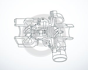 Outline of sectioned turbocharger. Vector illustration