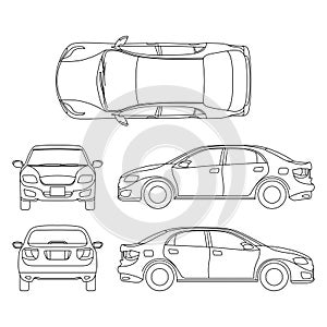 Outline sedan car vector drawing in different point of view