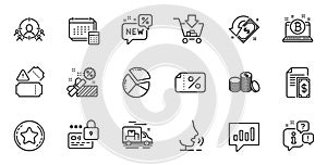 Outline set of Banking money, Pie chart and Bitcoin line icons for web application. For design. Vector