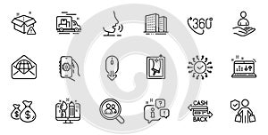 Outline set of Buildings, Web mail and 360 degree line icons for web application. For design. Vector