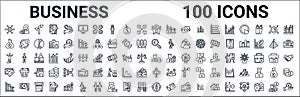 Outline set of business line icons. linear vector icons such as woman with dollar circle,pounds money bag,euro under magnifier,man