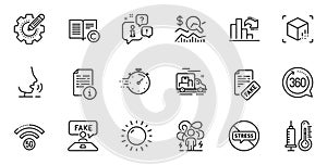 Outline set of Check investment, Fake news and Sunny weather line icons for web application. For design. Vector