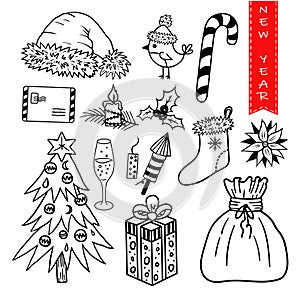 Outline set of New year elements with Santa\'s stuff photo
