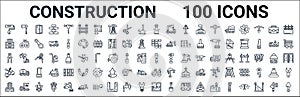 Outline set of construction line icons. linear vector icons such as inclined ax,big closet,birck wall,inclined clippers,chisel,two