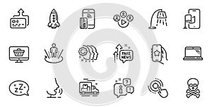 Outline set of Contactless payment, Favorite app and Fake news line icons for web application. For design. Vector