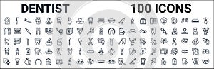 Outline set of dentist line icons. linear vector icons such as dentists drill tool,dentist tools,maxilla,holed tooth,implant