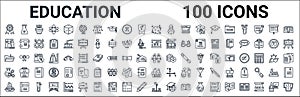 Outline set of education line icons. linear vector icons such as experiment flask with leaves,three books,square root in class,