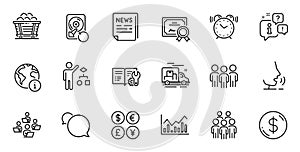 Outline set of Fake news, Coal trolley and Recovery hdd line icons for web application. For design. Vector